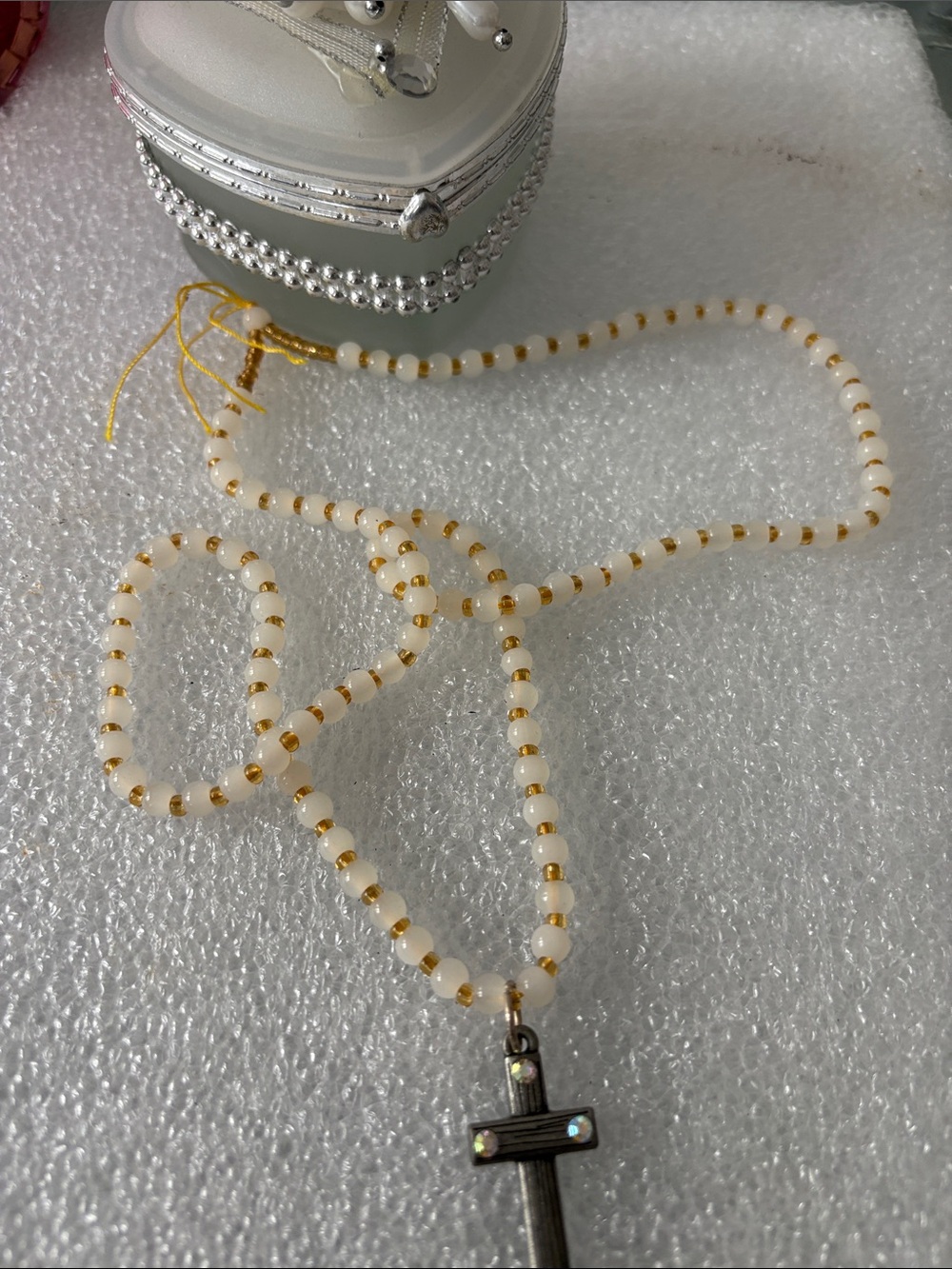 White and Gold Beaded Cross Necklace - Women Jewelry